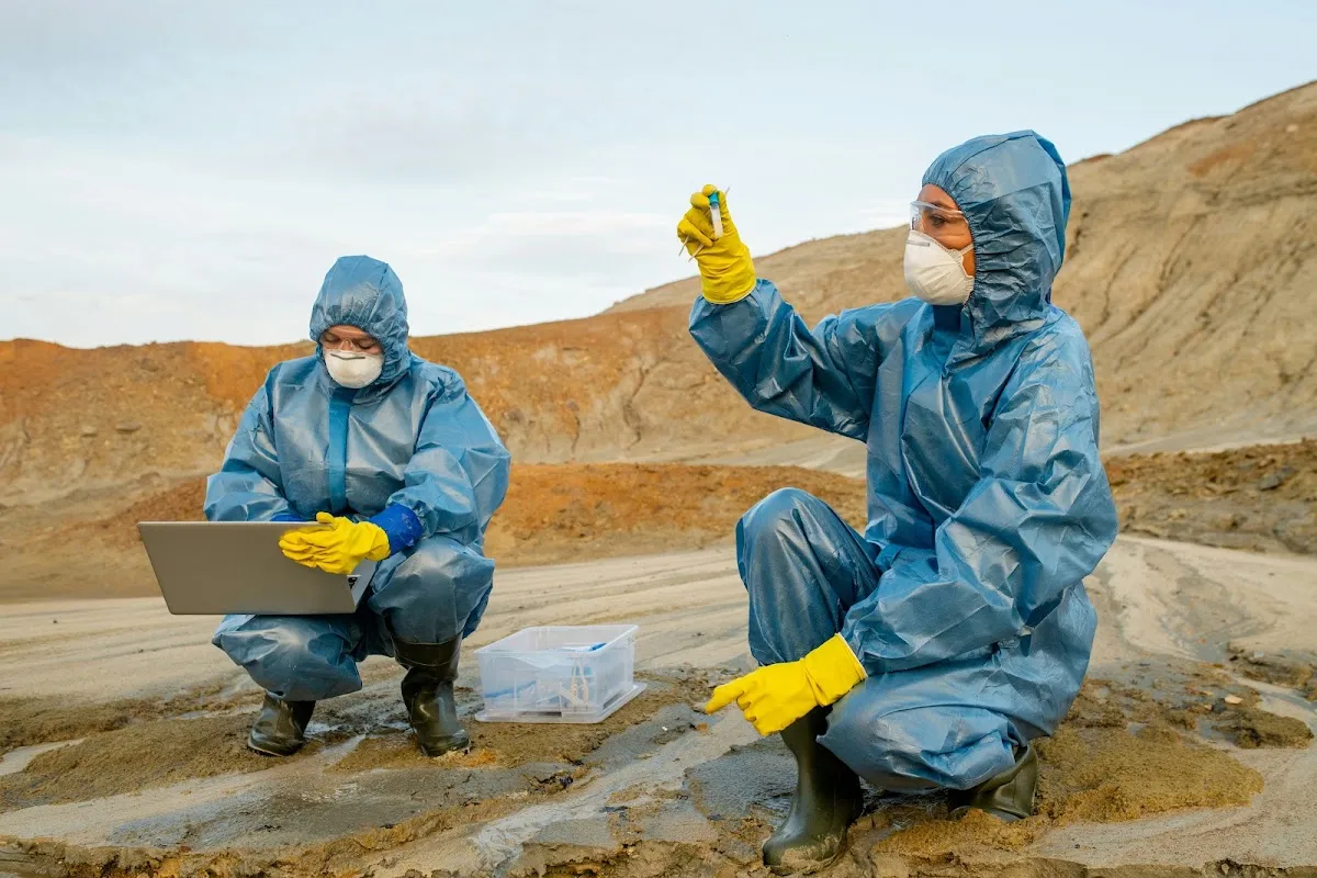 Deux spécialistes en combinaison prélèvent un échantillon sur un terrain avant des travaux de décontamination de sol